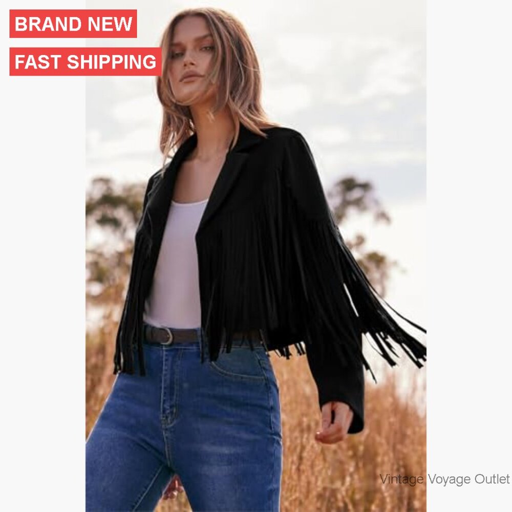 Faux Suede Cropped Motorcycle Jacket with Fringe Tassel Design - Picture 3 of 7